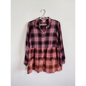 Women's J.Jill‎ Pink Black Plaid Tiered Tunic Shirt Size MP